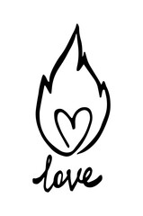 Cartoon fire heart flame. Love text. Graphic element vector. Sketch fire heart, love. Hand drawing hot black tattoo illustration on white background. Line silhouette bonfire draw. Retro brush outline