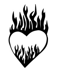 Cartoon fire flame heart. Graphic element vector. Sketch fire heart, in love. Hand drawing hot black tattoo illustration on white vintage background. Line silhouette bonfire draw. Retro brush art