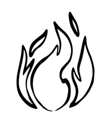 Cartoon fire flame. Graphic element vector. Sketch hand drawing hot black tattoo illustration on white vintage background. Line silhouette bonfire draw. Retro brush outline art