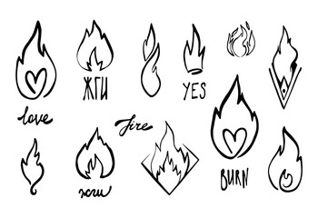 Cartoon line fire flame. Graphic vector elements and inscription burn in Russian. Sketch crown, fire heart, love. Hand drawing hot black tattoo illustration on white vintage background. Line bonfire