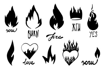 Fire flame cartoon silhouette. Graphic vector elements and inscription burn in Russian. Sketch crown, fire heart, love. Hand drawing hot black bonfire tattoo illustration on white vintage background.