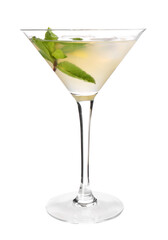 Glass of tasty martini cocktail on white background