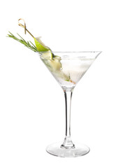 Glass of tasty martini cocktail on white background