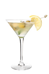 Glass of tasty martini cocktail on white background
