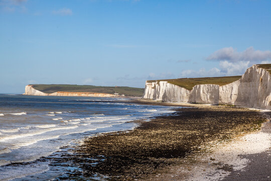 Beach and cliff at the white cliffs of Dover on the English coast channel