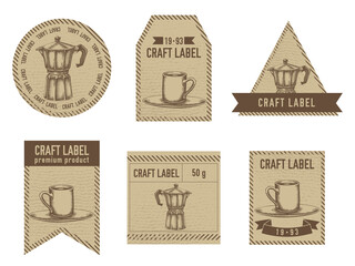 Craft labels vintage design with illustration of espresso cup, coffee pot
