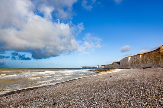 Beach and cliff at the white cliffs of Dover on the English coast channel