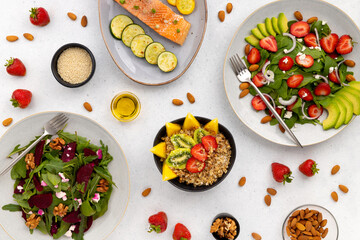Flat lay top view healthy food lunch dinner concept