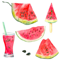 Bright watercolor watermelon. Slices and slices of red watermelon with seeds.