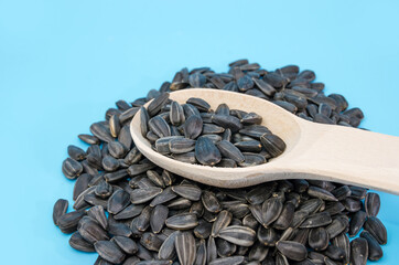 sunflower seeds in a wooden spoon on a blue background. Close-up. A bunch of seeds.