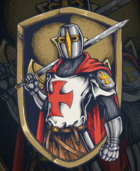 Vector illustration of knight templar with a long sword and shield ready for a battle - obrazy, fototapety, plakaty
