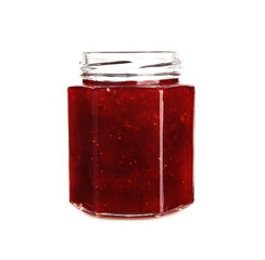 Jar of tasty strawberry jam on white background