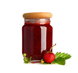 Jar of tasty strawberry jam on white background