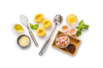 Ingredients for tasty pasta carbonara on white background