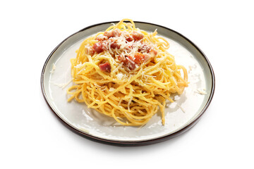 Plate with tasty pasta carbonara on white background
