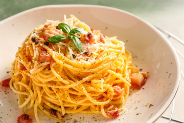 Plate with tasty pasta carbonara, closeup