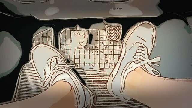 Sketch style top view of feet using car brake pedal