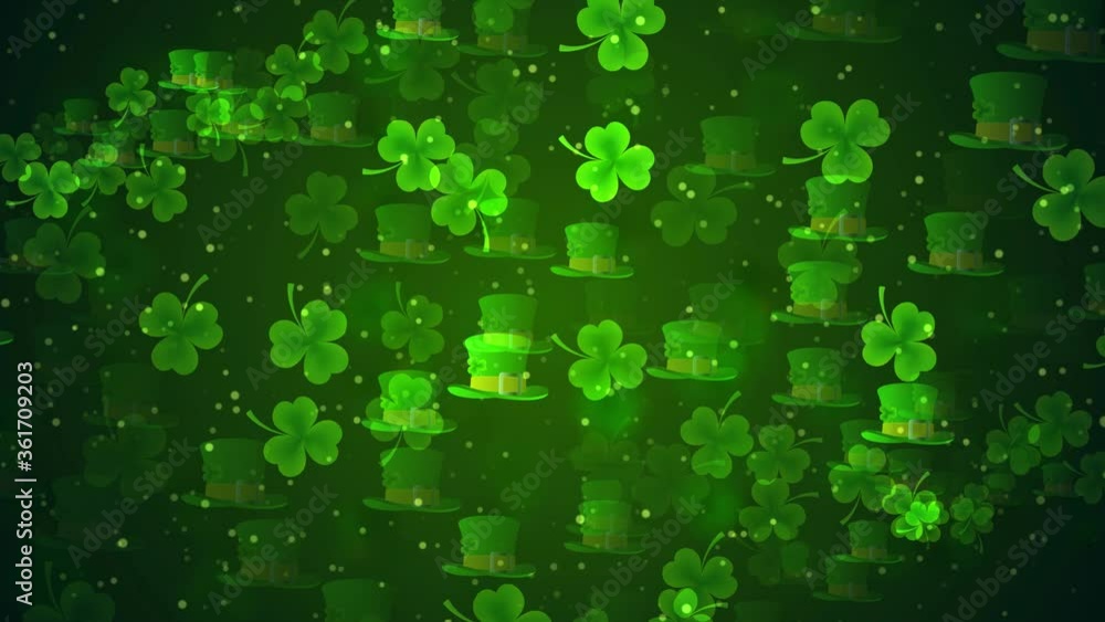 Poster green texture background motion of three leaf clovers and saint patrick's hats with shiny glitter sp