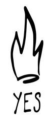 Cartoon fire flame. Graphic element vector. Sketch crown yes word. Hand drawing hot black tattoo illustration on white vintage background. Line silhouette bonfire draw. Retro brush outline