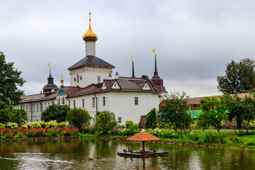 Church of St. Nicholas the Wonderworker and garden pond in Tolga convent in Yaroslavl, Russia