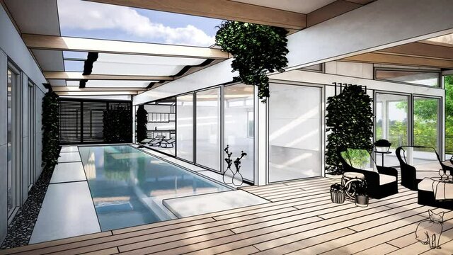 Modern villa terrace - loopable 3d visualization