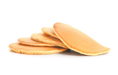 Tasty pancakes on white background