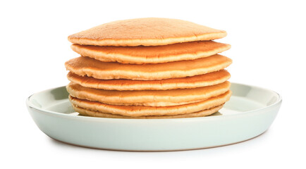 Plate with tasty pancakes on white background