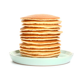 Plate with tasty pancakes on white background