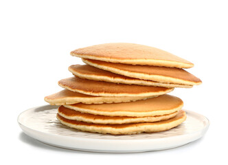 Plate with tasty pancakes on white background