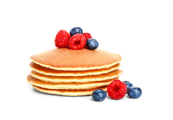 Sweet pancakes with berries on white background