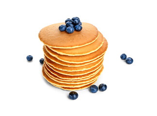 Sweet pancakes with berries on white background