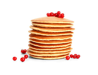 Sweet pancakes with berries on white background