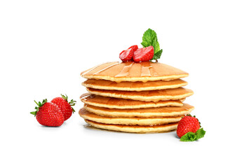 Sweet pancakes with berries on white background