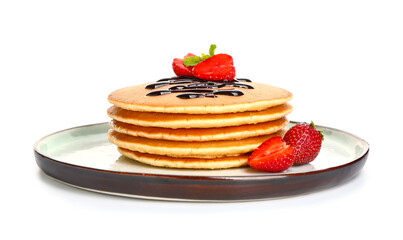 Sweet pancakes with berries on white background