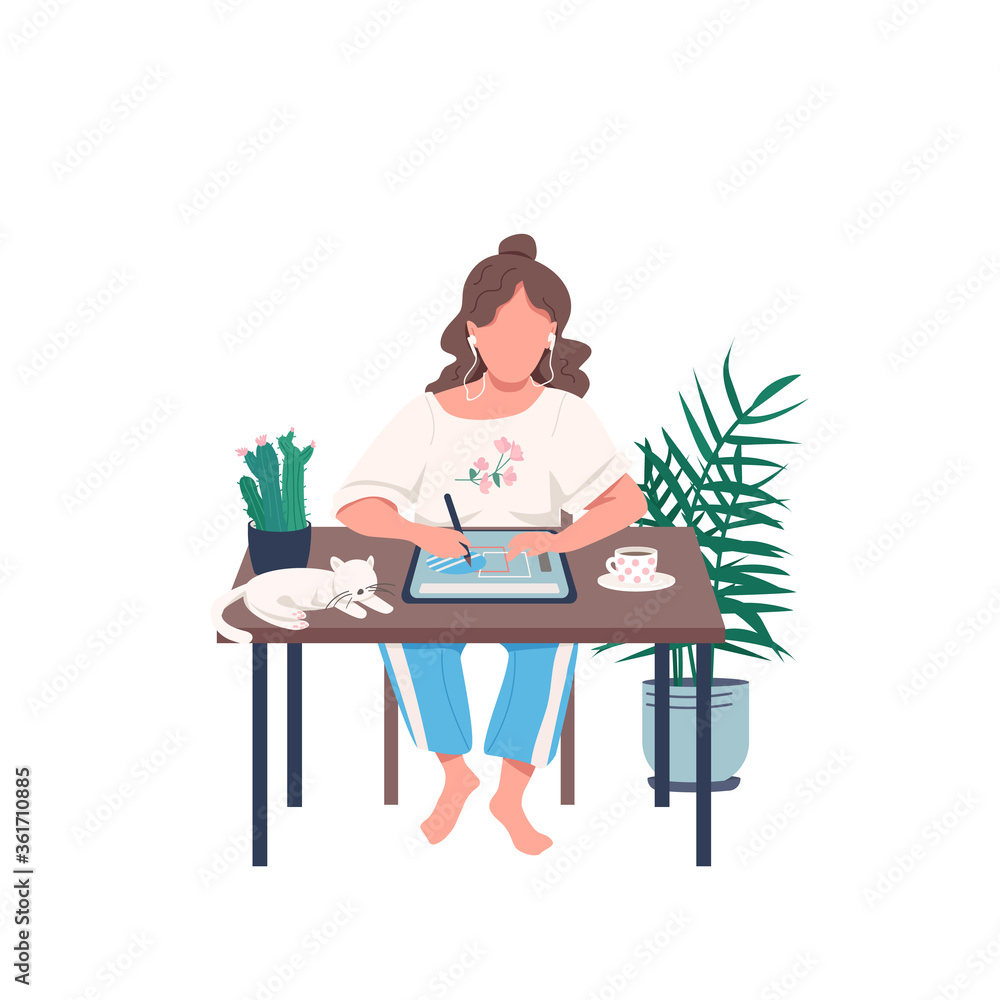 Poster designer with tablet flat color vector faceless character