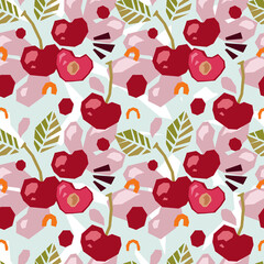 Seamless pattern of abstract doodle objects, cherry. Paper cut modern contemporary style. Vector