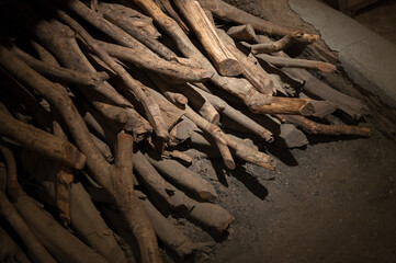Firewood, dry chopped firewood logs in a pile