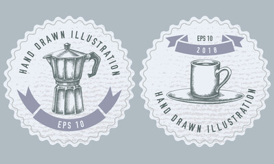 Monochrome labels design with illustration of espresso cup, coffee pot