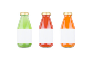 Fototapeta na wymiar Fresh vegetables juices - tomato, carrot and spinach in glass bottles with blank label isolated on white background, mock up for design, advertising, branding product.