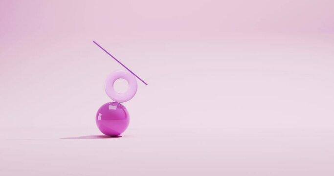 Ball, torus and stick. Minimalistic background with moving pink objects. Balancing composition from figures.
