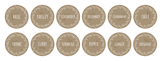 Cardboard food labels or stickers. It can be used for marking kitchen food containers with spices. Labels, stickers, craft decals, floral frame and spice name in English