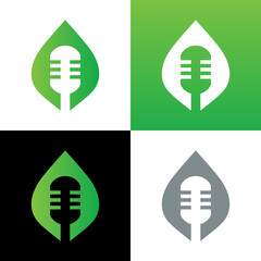 Microphone and leaf logo design, eco podcast icon, nature talk symbol - Vector
