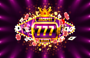 Jackpot King spins 777 banner casino on the golden background. Vector