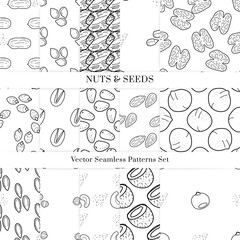 Nuts and seeds vector pattern. Outline hand drawn design