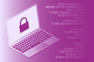 Isometric purple laptop with padlock symbol on screen, binary code in the background.  Concept of digi safety, secure, virus, hacker, privacy, protect. Gradient purple vector illustration.