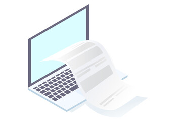 Laptop and document 2,5D isometric illustration. Paper / document / receipt coming out of the laptop display screen.