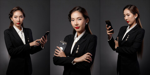 Business woman wear suit touch digital screen smart phone copy space
