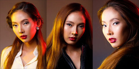 Fashion Asian Woman blonde brown long hair portrait red yellow gel