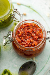 Tomato Pesto in Jar. Homemade Healthy Food. Italian Pasta Recipe