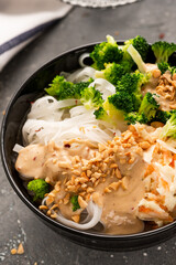 Healthy Ramen Soup Served in Bowl. Diet and Balanced Food. Clean Eating Recipe
